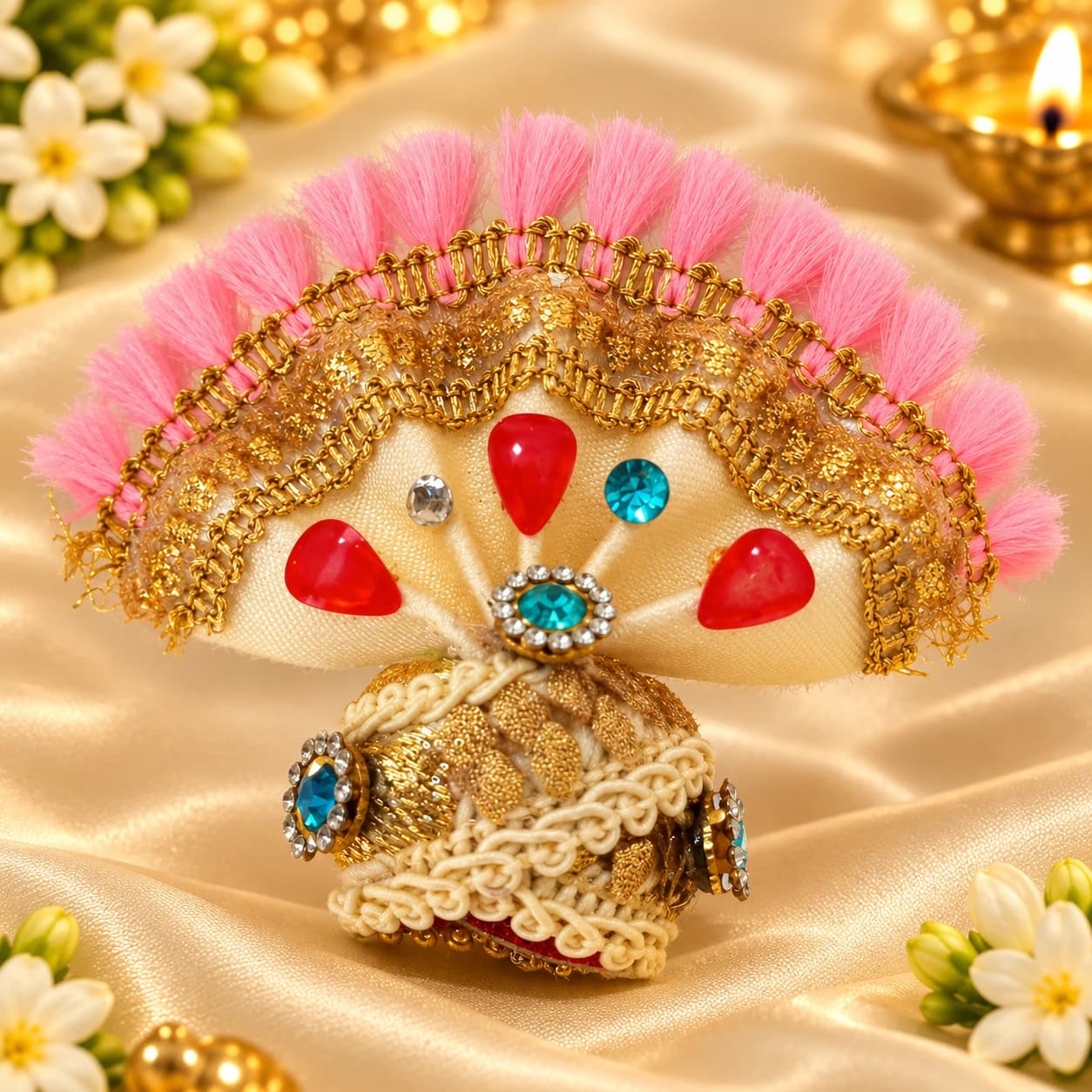 Laddu Gopal Ji Designer Cream & Pink Feather Mukut