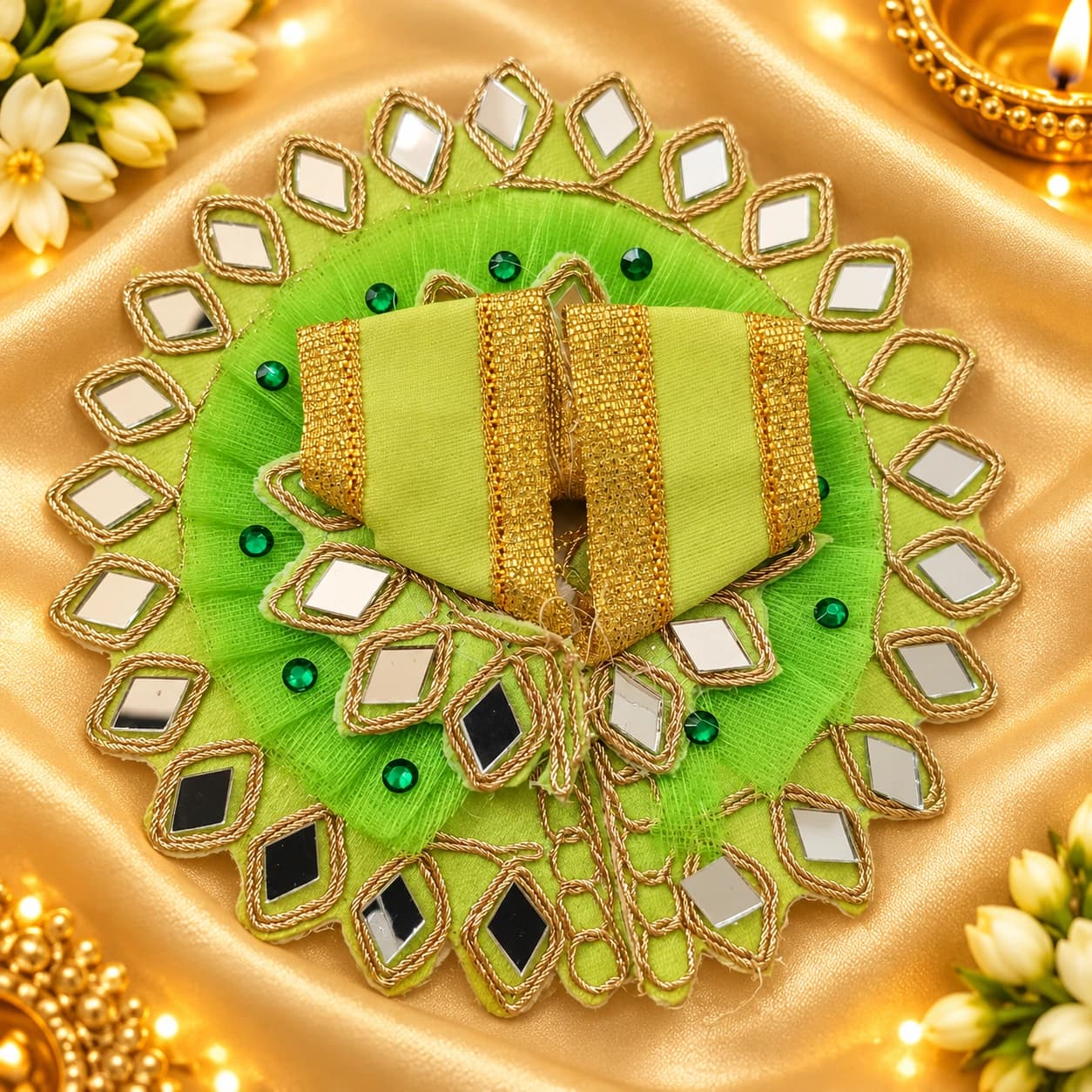 Laddu Gopal Ji Lime Green Mirror Work Designer Poshak