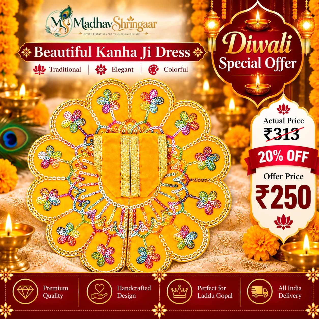 Yellow Floral Embroidered Laddu Gopal Ji Poshak