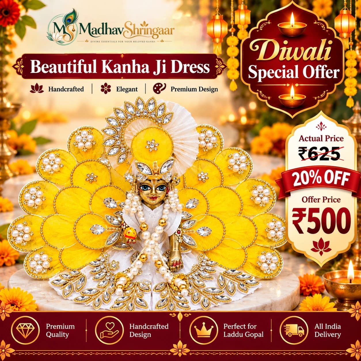 Yellow & White Pearl Designer Laddu Gopal Poshak