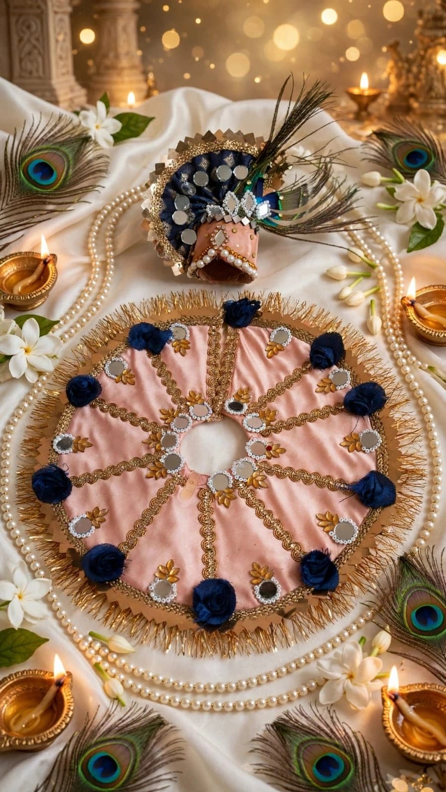 Peach Navy Blue Mirror-Style Designer Poshak
