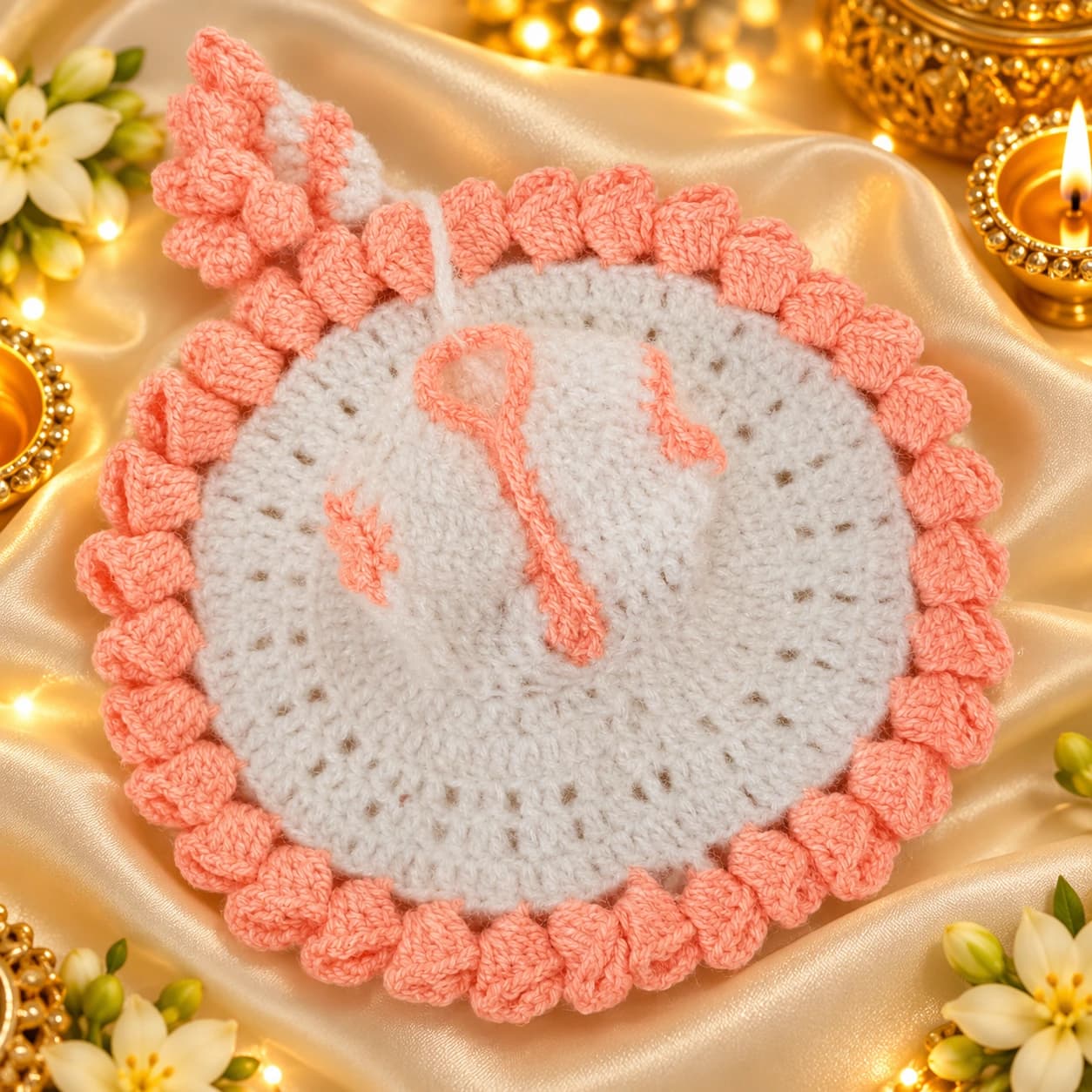 Laddu Gopal Ji Handmade Peach & White Woolen Poshak