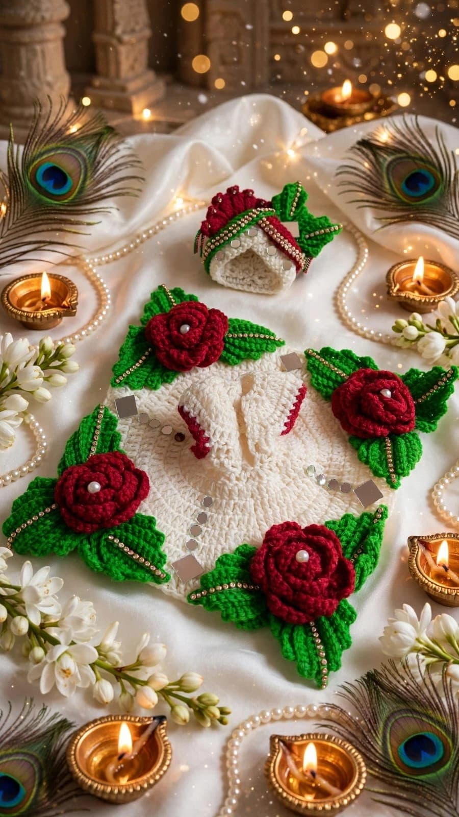 White Red Rose Crochet Poshak