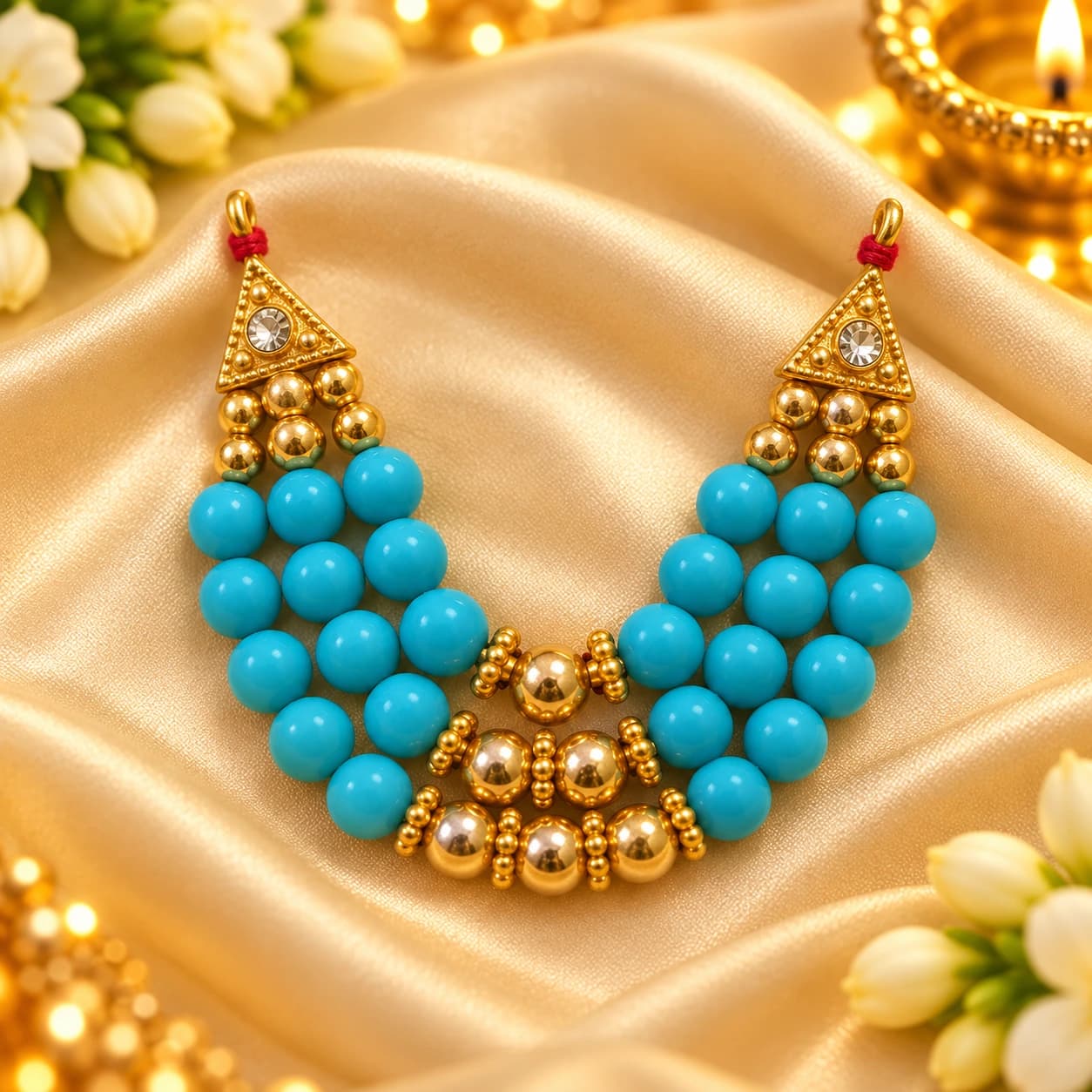 Laddu Gopal Ji Turquoise Blue & Gold Designer Mala