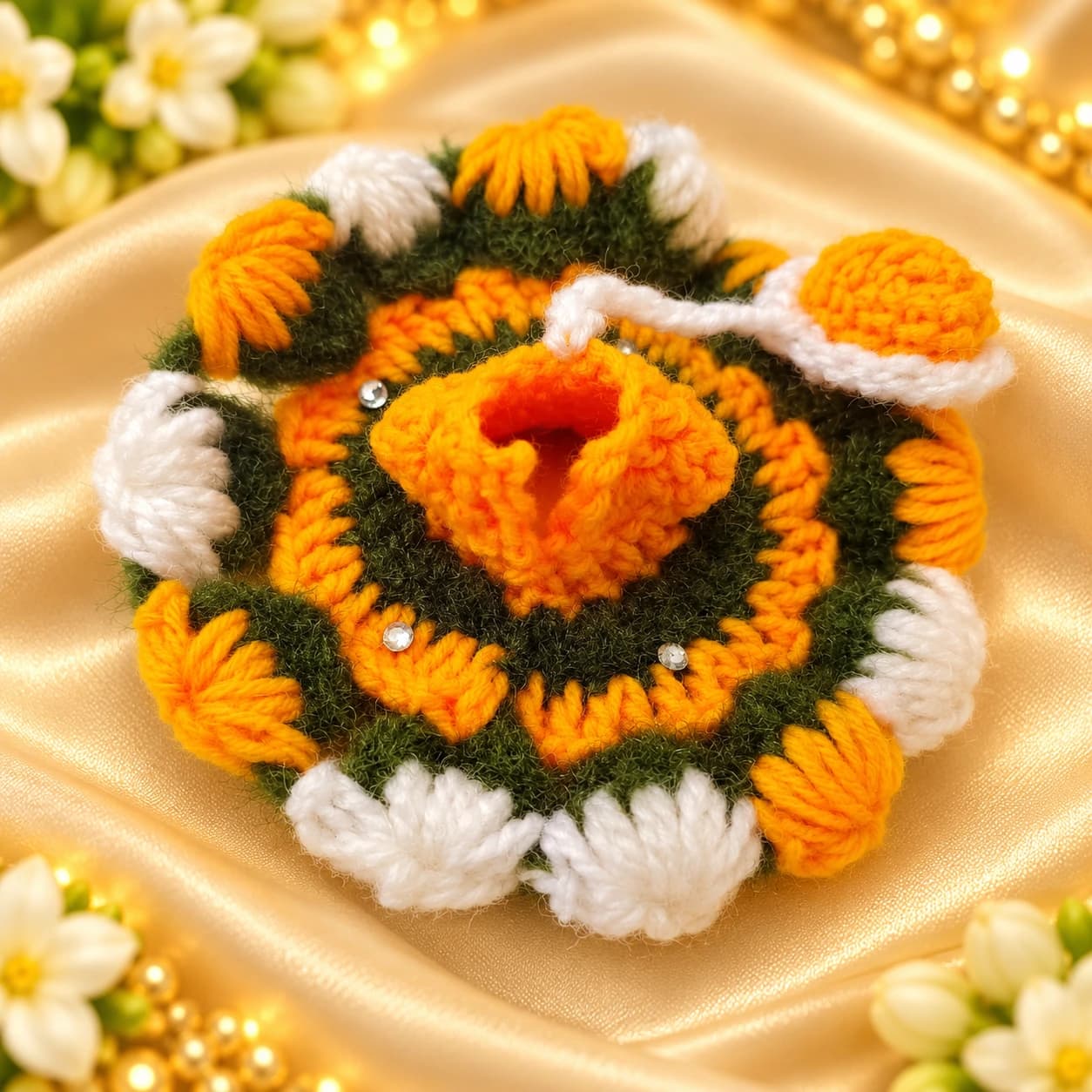 Handmade Woolen Laddu Gopal Ji Poshak – Saffron, Olive & White