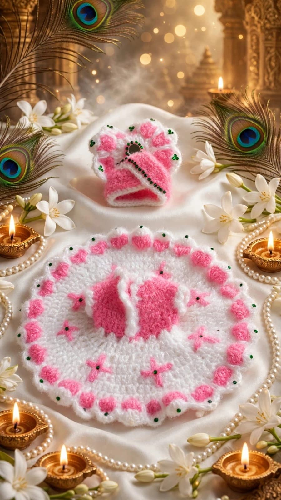 Pink White Floral Crochet Winter Poshak