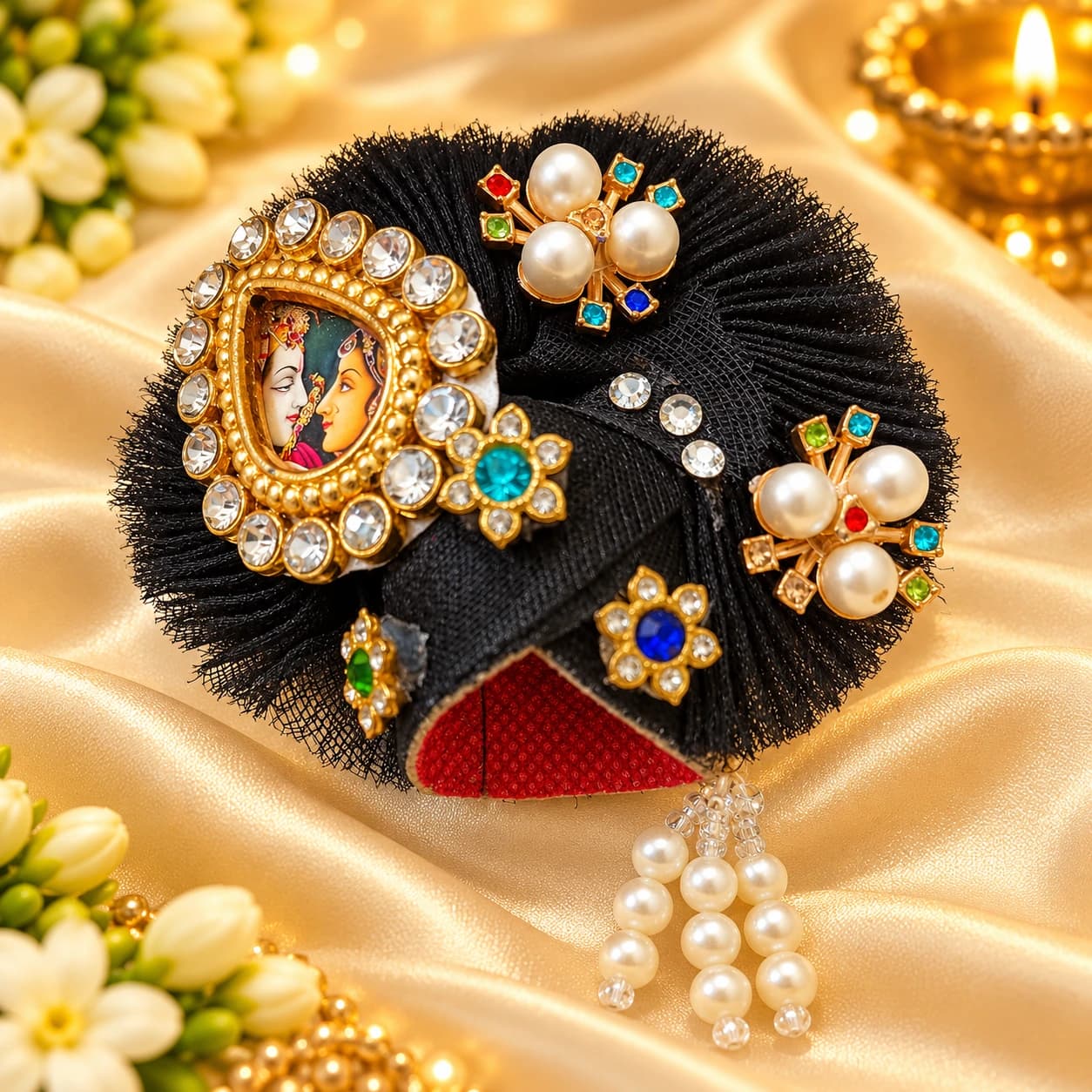 Laddu Gopal Ji Designer Black Mukut with Radha Krishna Photo