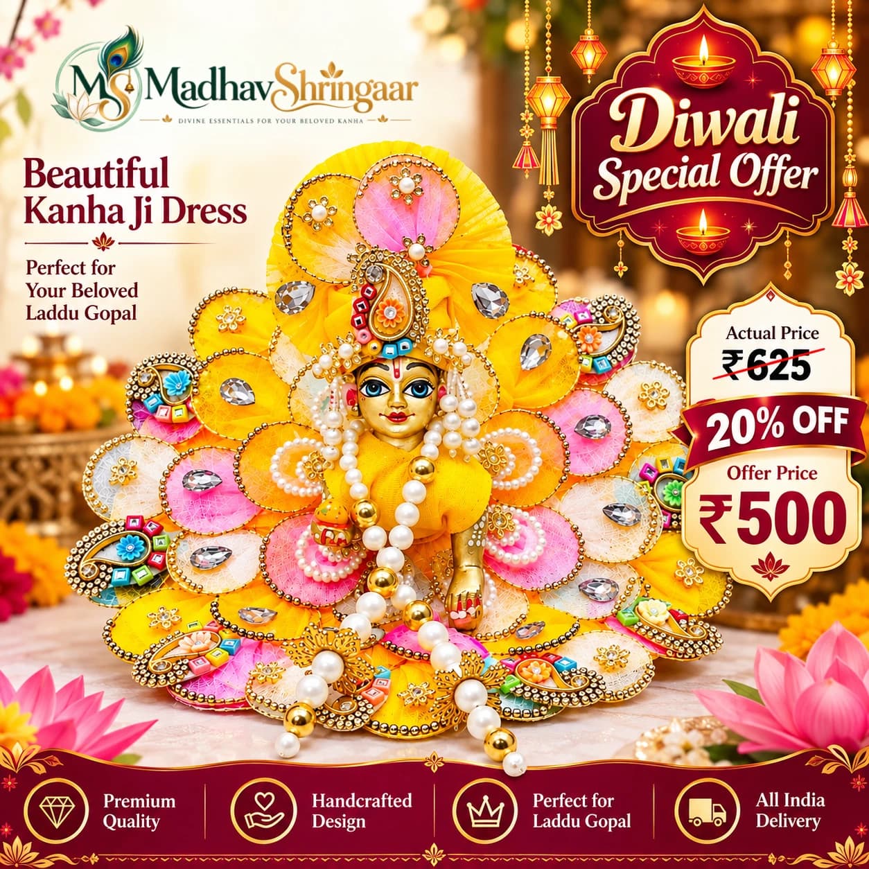 Yellow Pink Designer Laddu Gopal Poshak