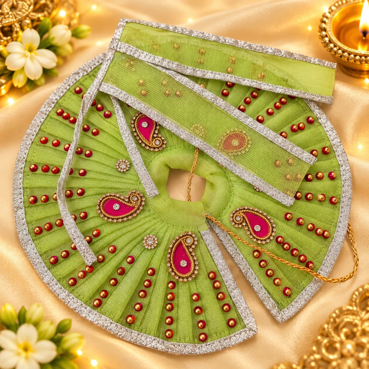 Laddu Gopal Ji Lime Green Designer Poshak with Pink Buti Work Online ...